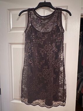 Lace Floral Overlay Slip Mini Dress - Chocolate Brown